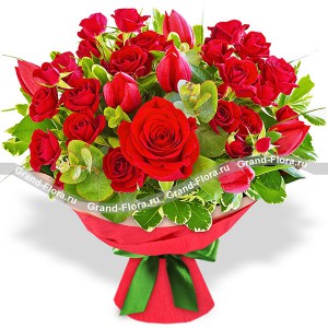 Букет красных роз и тюльпанов - Любовь