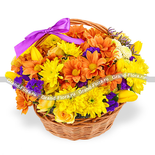 Солнечный сюрприз – корзина с хризантемами и тюльпанами